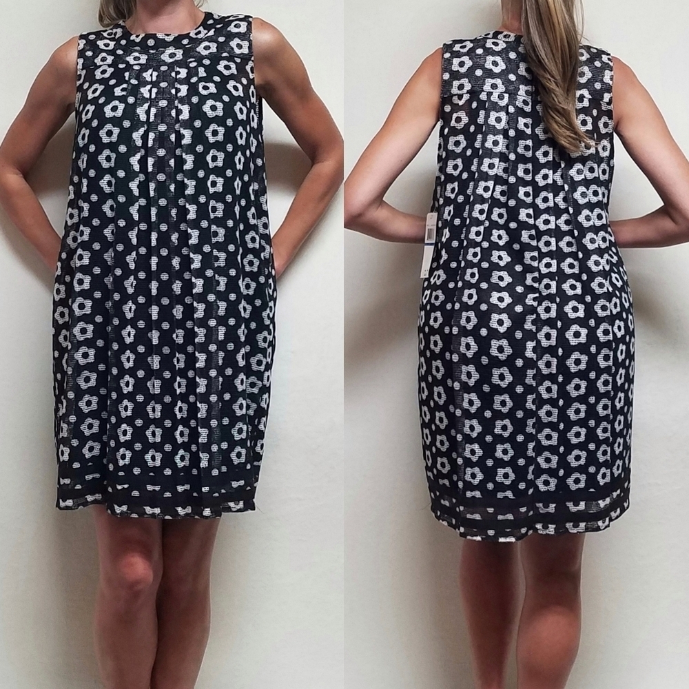 Nina Leonard Black White Retro Floral Print Pleated Mesh Overlay Mini Mod Dress
